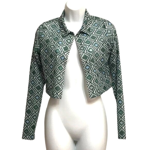 CIDER Mesh Geometric Argyle Print Long Sleeve Open Front Cropped LS Top Cardigan - Picture 1 of 5